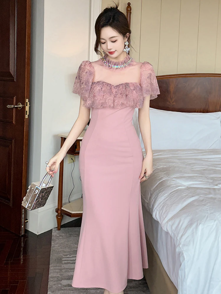 Feminino elegante socialite vestido de noite mulher sexy diamante renda pura malha babados fishtail robe feminino festa banquete vestidos