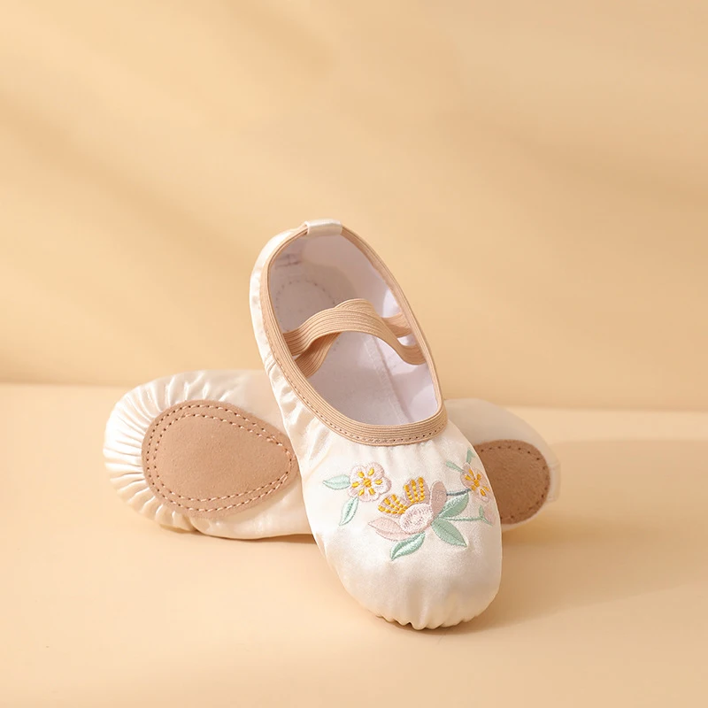

Women's Dance Shoes Satin Flower Embroidered Cowhide Sole Ballet Shoes Comfortable Breathable Soft Children's Dance Shoes New