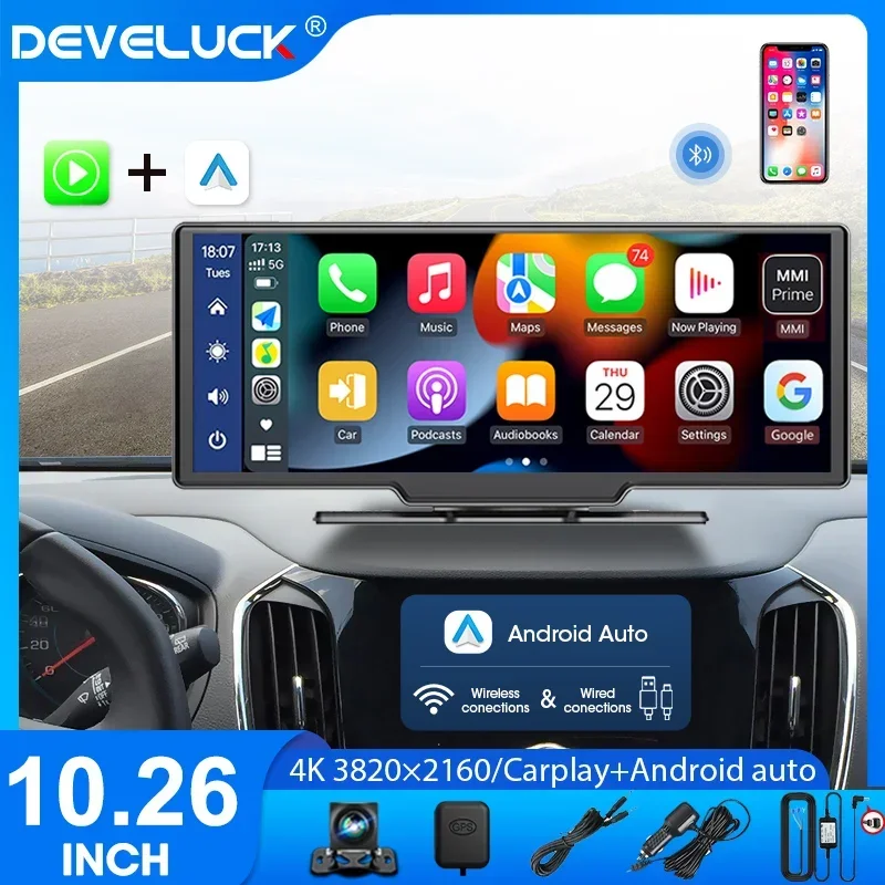 

Develuck 10.26" 4KDVR Dash HD Rear view Camera Carplay Android Auto GPS Navigation Recorders all in one Dashboard Dual Lens Park