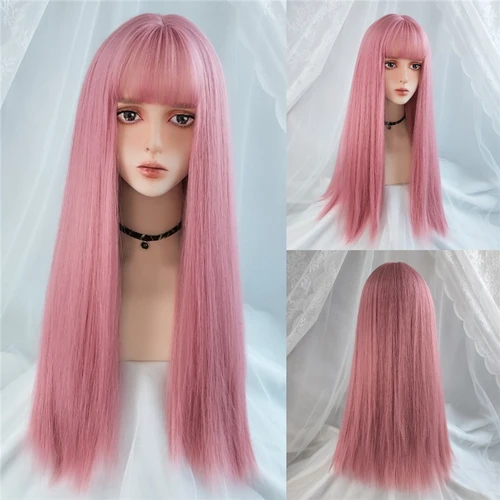Imagen 2 del producto MSIWIGS-pelucas sintéticas de Cosplay para mujer, pelo largo liso con corte Bang, azul, rosa, Rubio y rojo, para fiesta y chica