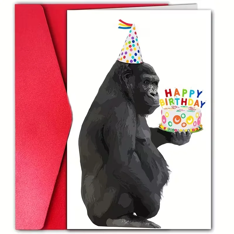 Tarjeta de felicitación de cumpleaños con diseño de gorila divertido, gorila de fiesta con pastel colorido y estampado de velas de feliz cumpleaños