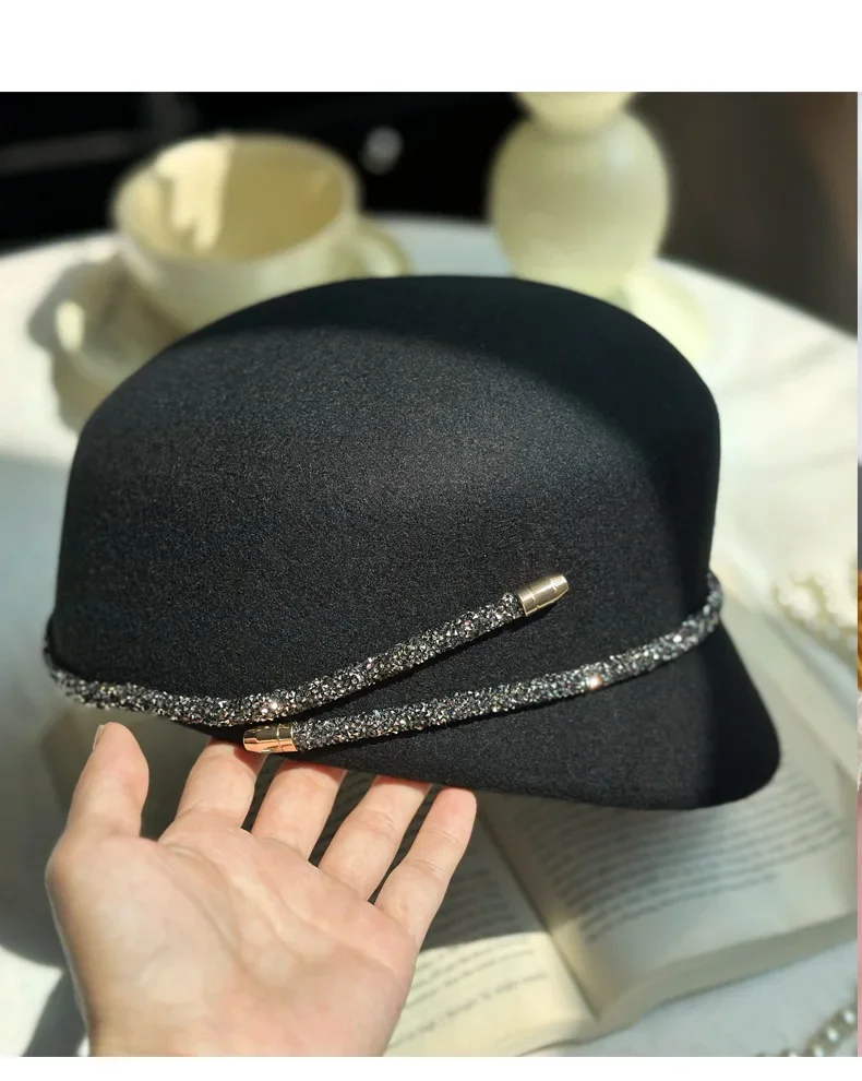 

Rhinestone Decorated Wool Tweed Beret Hat Vintage Elegant British Style for Autumn Winter Equestrian Riding Daily Party Wear