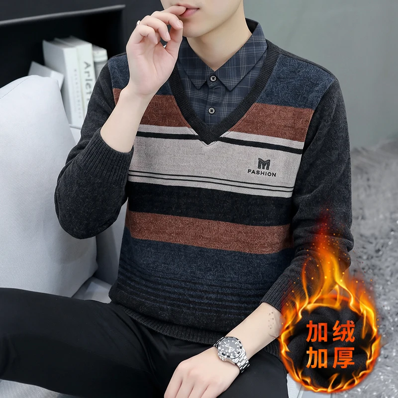 Men Fake Two Piece Fleece Lined Sweater Striped Shirt Collar Knit Pullover Autumn Winter Warm Long Sleeve Casual Knitwear