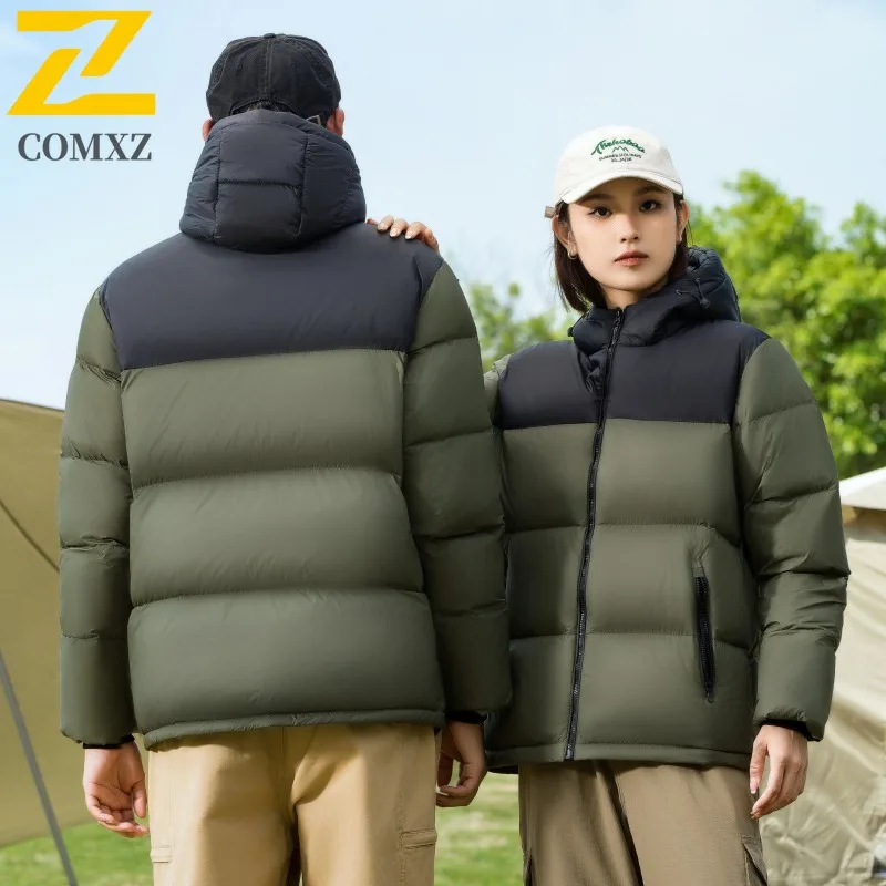 COMXZ 2025 شتاء جديد أسفل سترة الرجال موضة الاتجاه مقنعين سترة معيار وطني جديد 50% بطة بيضاء أسفل معطف رياضي في الهواء الطلق