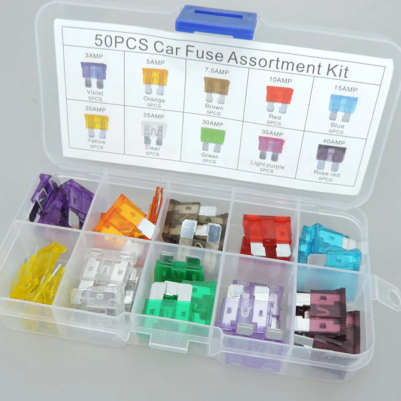 50pcs/box medium mix Size Car auto Truck Blade Fuses 3A 5A 7.5A 10A 15A 20A 25A 30A 35A 40A AMP Fuse Plastic Box Assortment t1