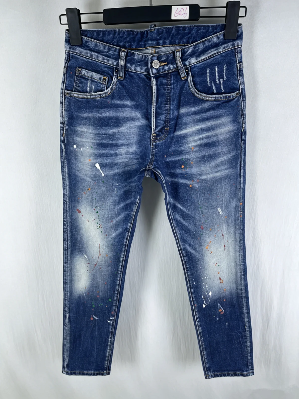 

6026 Four Seasons New Men's Washed Ripped Patch Old Slim Fit Feet Blue Jeans for Men