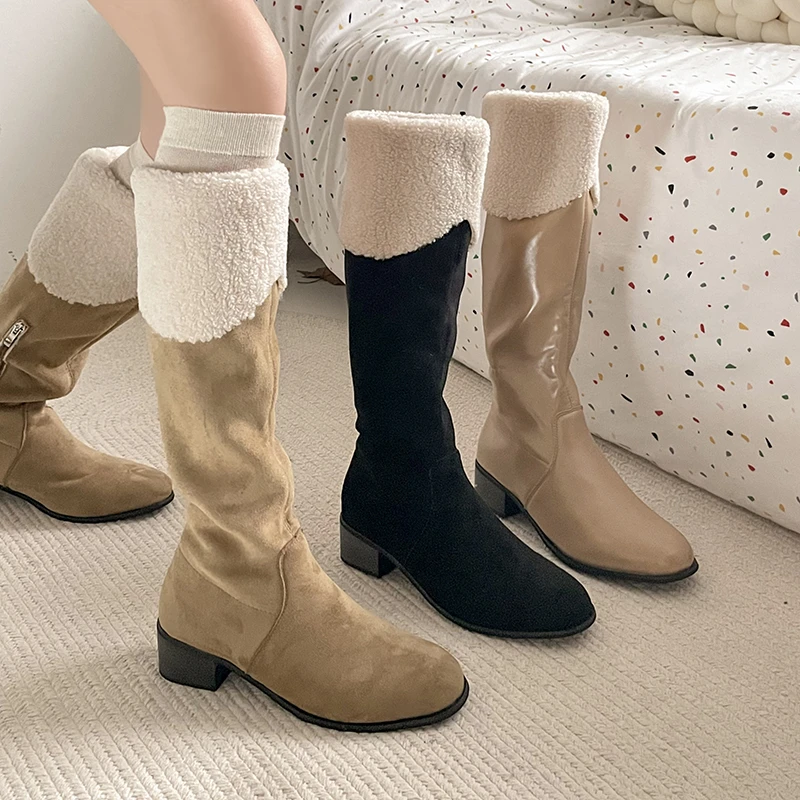

Winter Women Warm Plush Knee High Boots Concise Soft Leather Low Heel Shoes Female Fur Lining Mordern Slim Long Booties