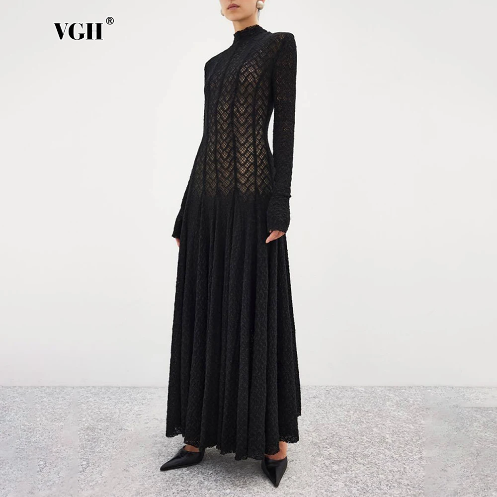 

VGH Elegant Striped Spliced Folds Long Dresses for Women Turtleneck Long Sleeve High Waist Temperament Slimming Dress Female New