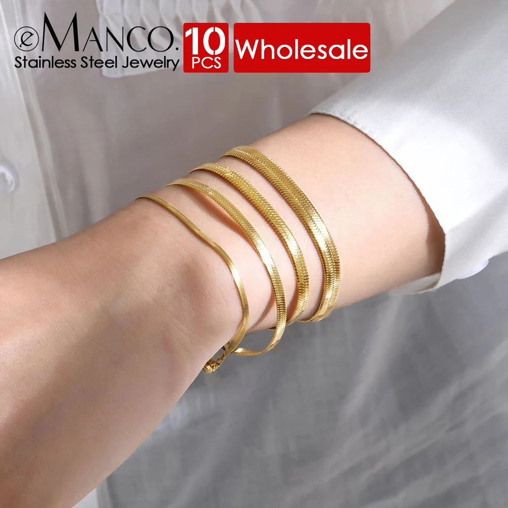 eManco 10PCS Łańcuch z ostrzem 2/3/4/5MM Modna bransoletka z łańcuchem węża Bransoletka ze stali nierdzewnej w kolorze złotym dla kobiet Biżuteria Prezent
