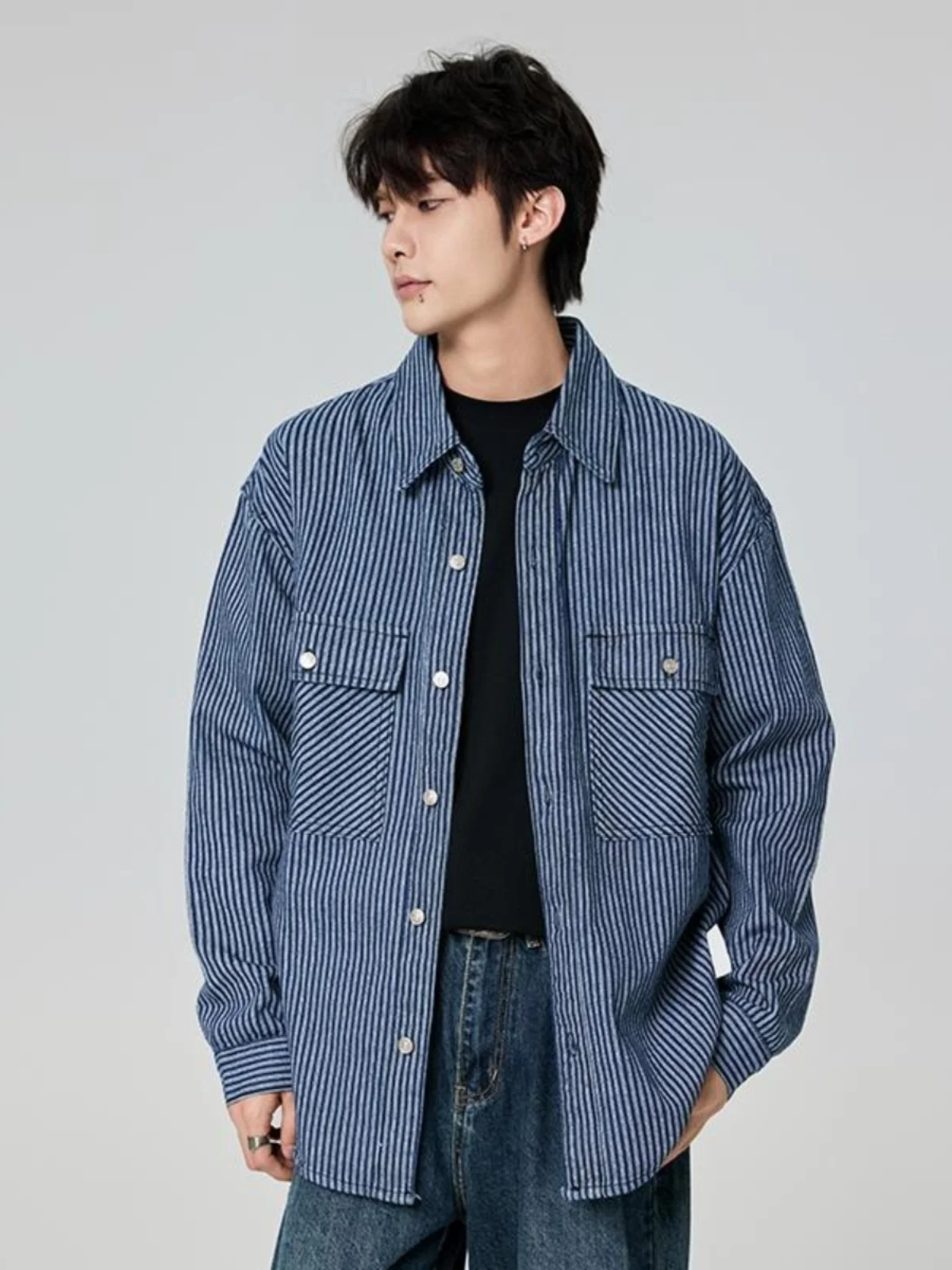 Premium Feel Striped Trendy Denim Shirt Men Spring Autumn Loose American Workwear Casual Long Sleeve Jacket Shirt Men