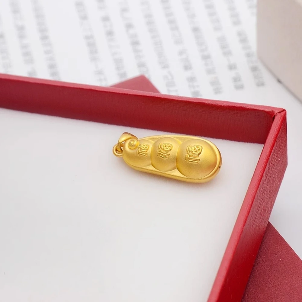 Real Pure 999 24K Yellow Gold Men Women Gift Lucky Bless Characters Fu Bean Pendant 1.9-2g