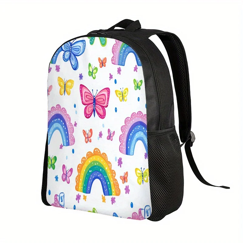 

Rainbow Butterfly Pattern Girl Backpack - Pink and Color Lightweight Zipper School Bag for Daily Use by Teens