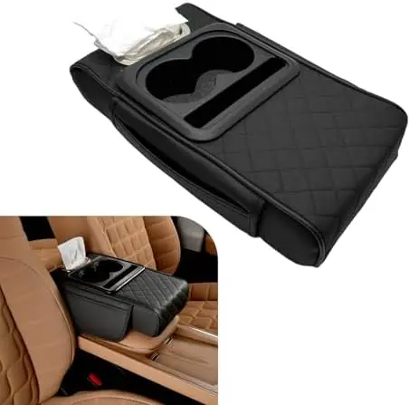 

Car Console Cover - 5-in-1 Leather Armrest Box with Cup Holder & Storage, Universal Fit (Black)
