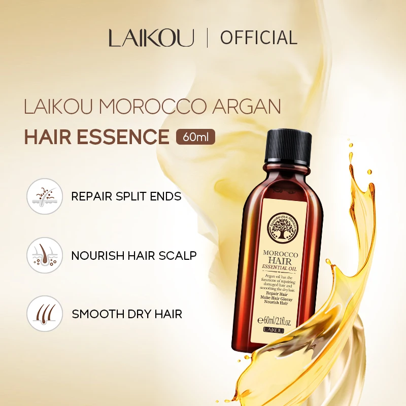 LAIKOU 60ml Pure Morocco Hair Essential Oil Argan Essence Nourish Scalp Repair Dry Damaged Hair For Split Ends