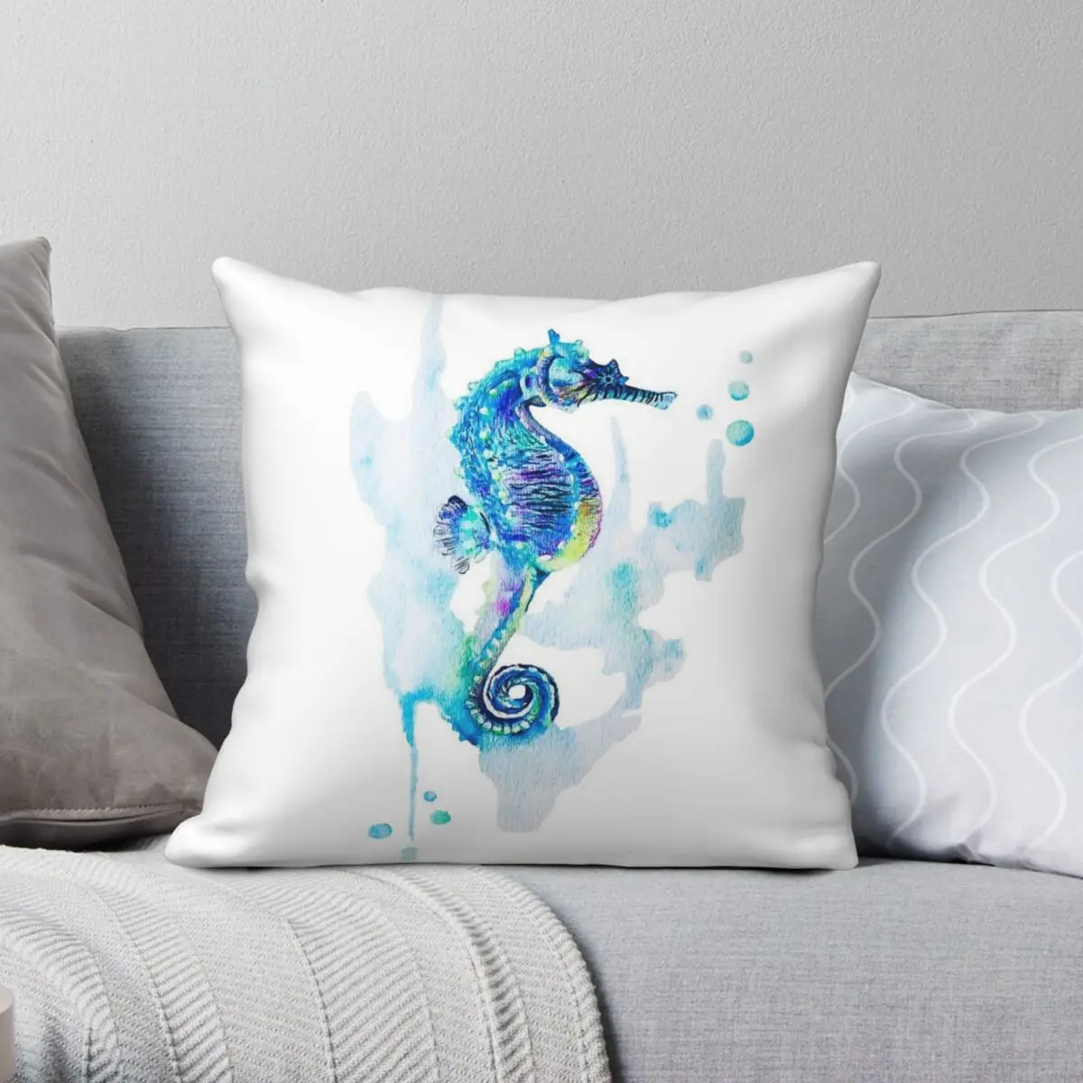 Watercolor Seahorse Pillowcase Polyester Linen Velvet Pattern Zip Decor Pillow Case Home Cushion Cover Wholesale