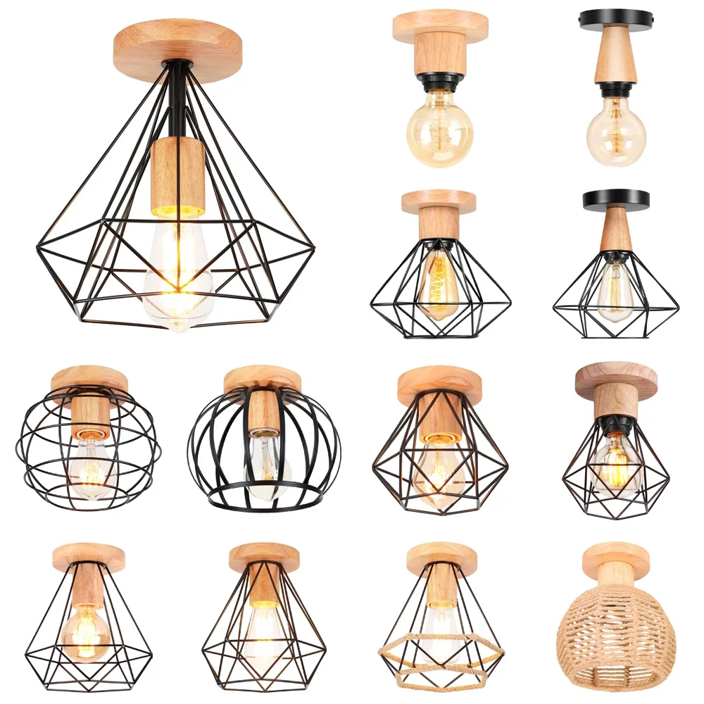 vintage industrial wood teto lights lampada led para cozinha sala de estar bar restaurante wire cage lampshade iluminacao e27 01