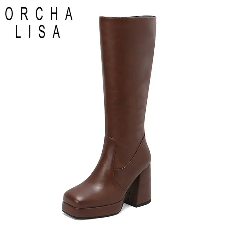 ORCHALISA Botas de montar sexys Tacones de bloque con punta cuadrada Plataforma de 10 cm Cremallera de 2,5 cm Tallas grandes 41 42 43 Bota hasta la rodilla para fiesta de citas a la moda