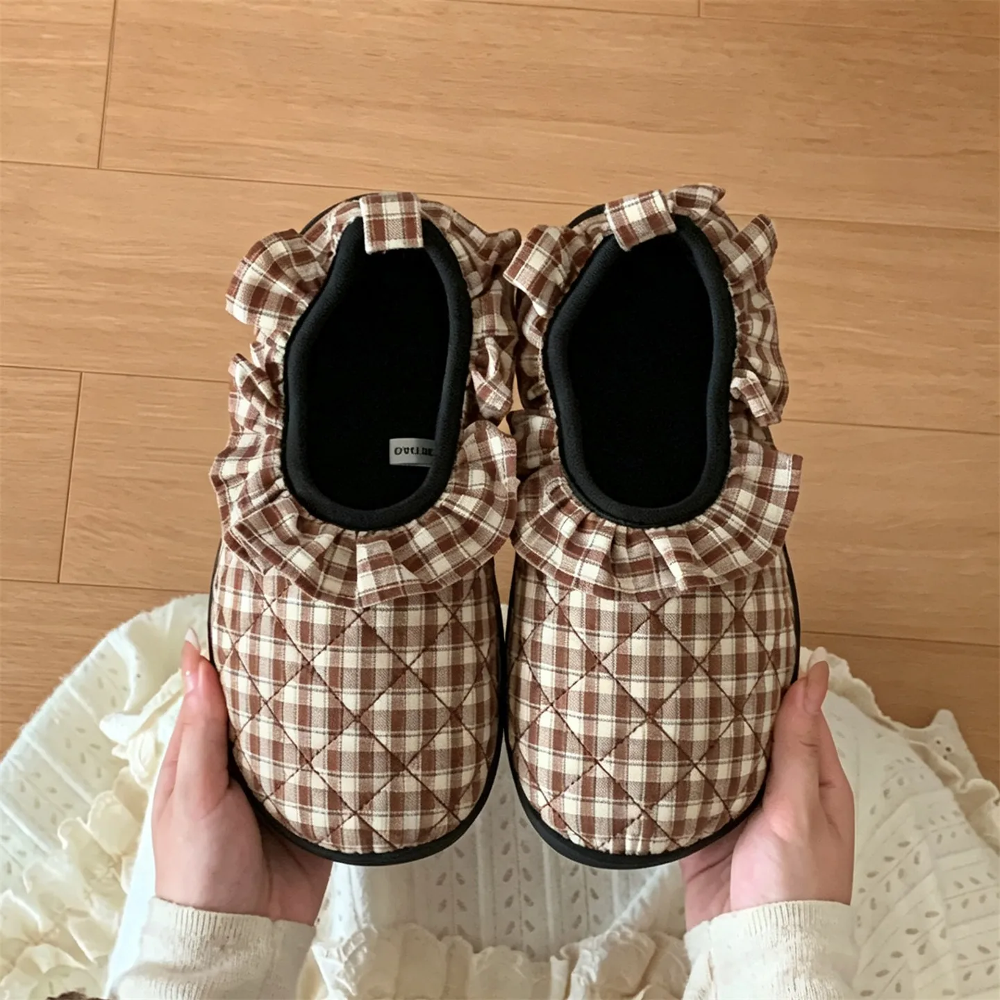 Ethnic-Style Beaded Bow Cotton Slippers Women Retro Color-Blocked, Winter Cozy Warm Soft.