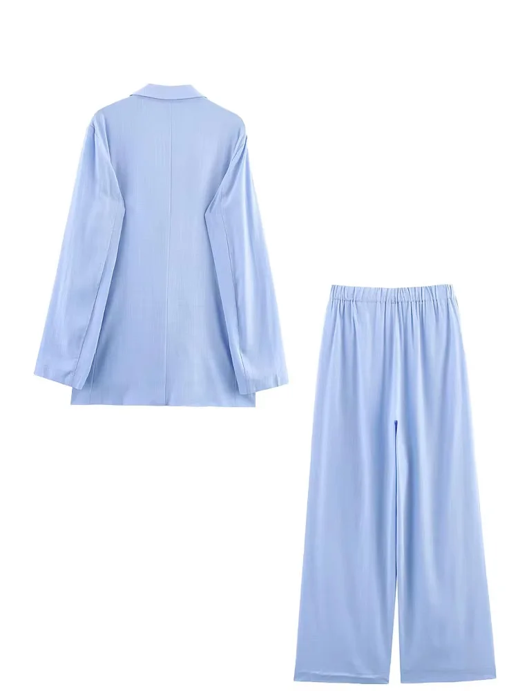 بدلة نسائية متينة من HH بياقة مقلوبة وأكمام طويلة وجيوب واحدة الصدر + سراويل مزخرفة بخصر مطاطي قابلة للطي