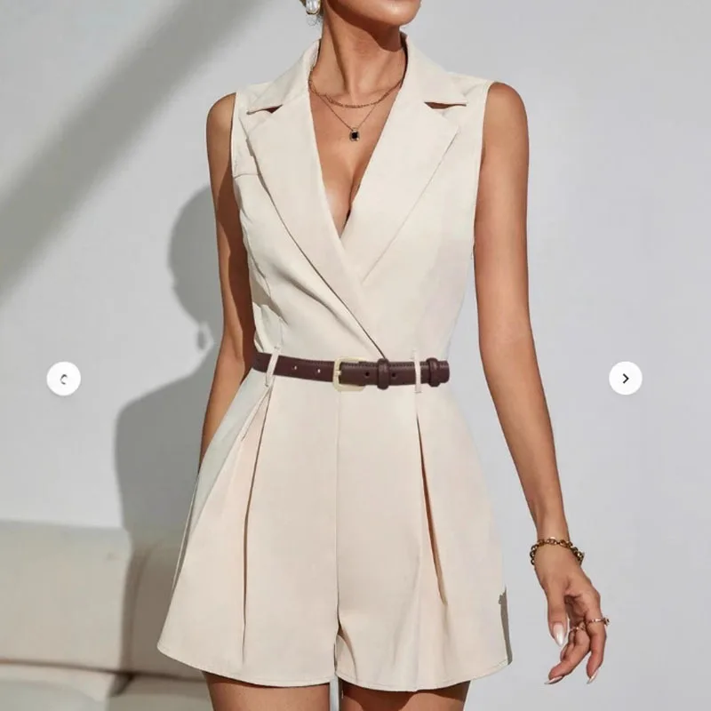 

Women Elegant Commuter Pleated Sleeveless Wide-Leg Shorts Suit Jumpsuit Without Belt