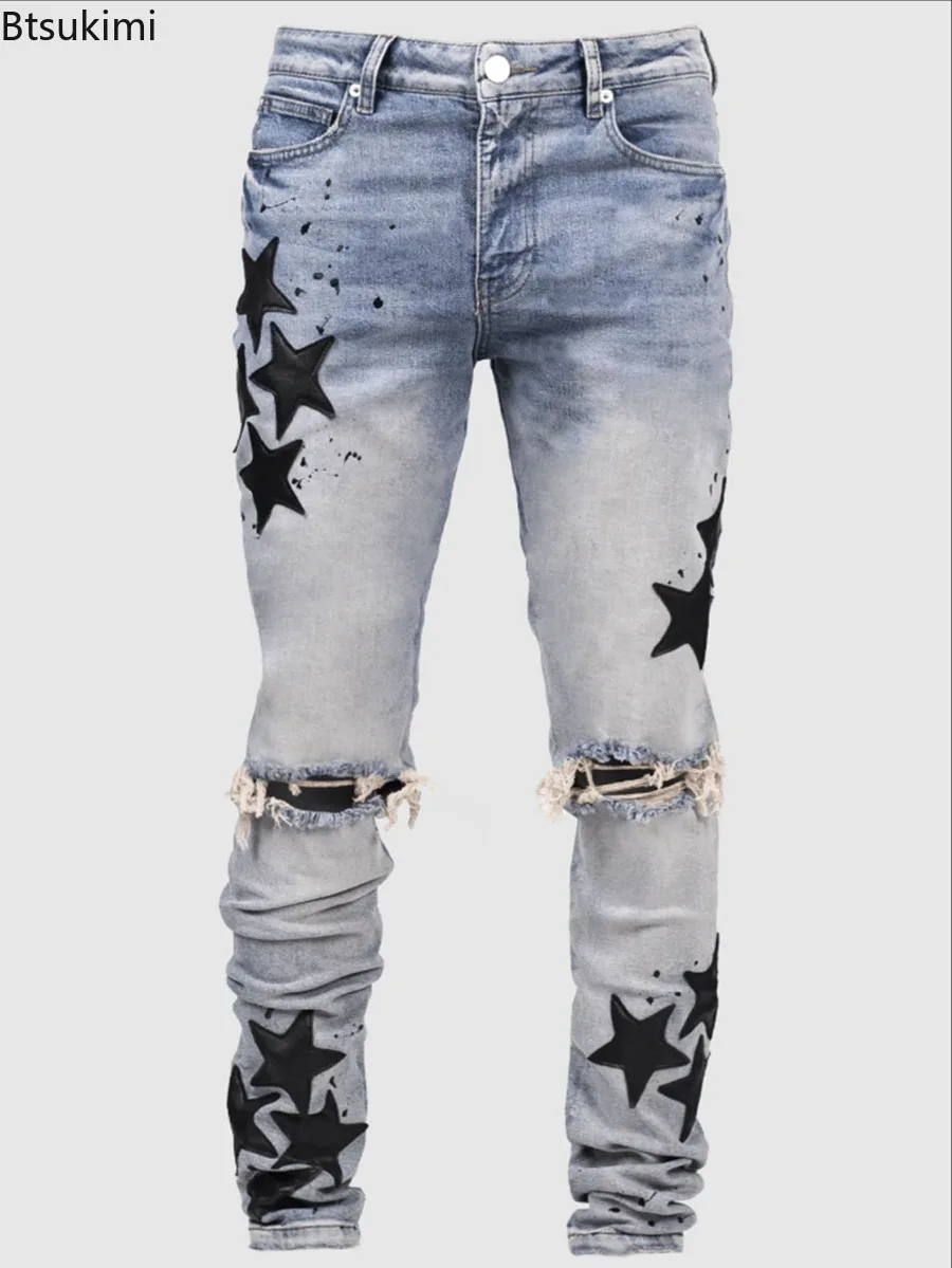 New Men Jeans Fashion Mid Waist Elastic Slim Fit Vintage Washed Denim Pants Street Punk Style Male Distressed Holes Skinny Pants