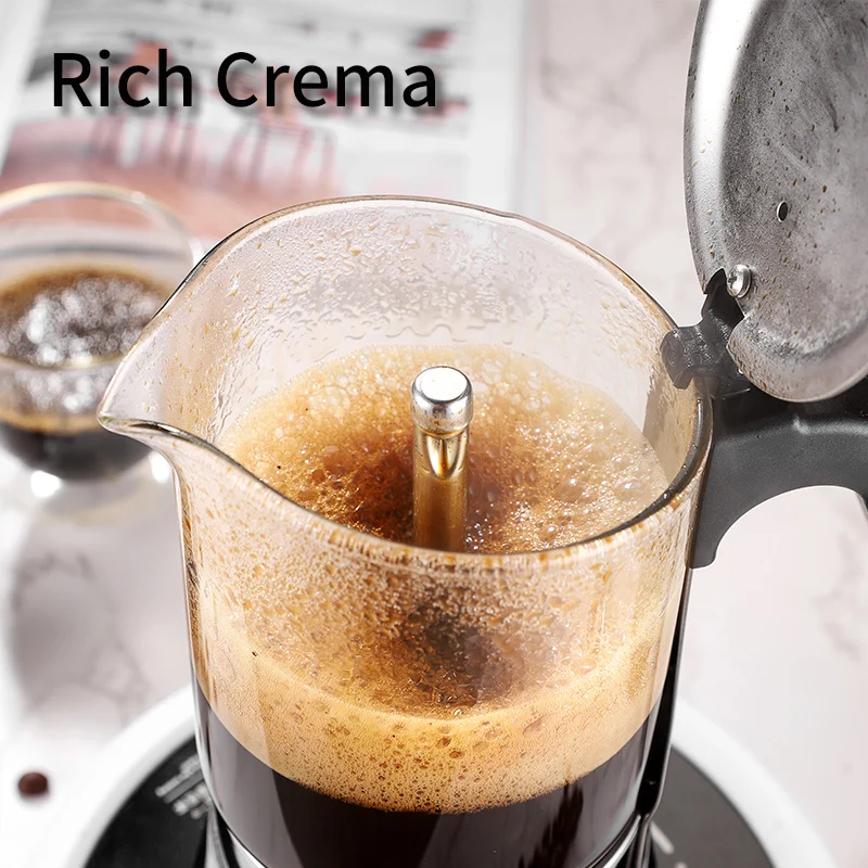Caffettiera per caffè espresso con piano cottura in vetro borosilicato di vendita caldo Pentola per moka in acciaio inossidabile 304