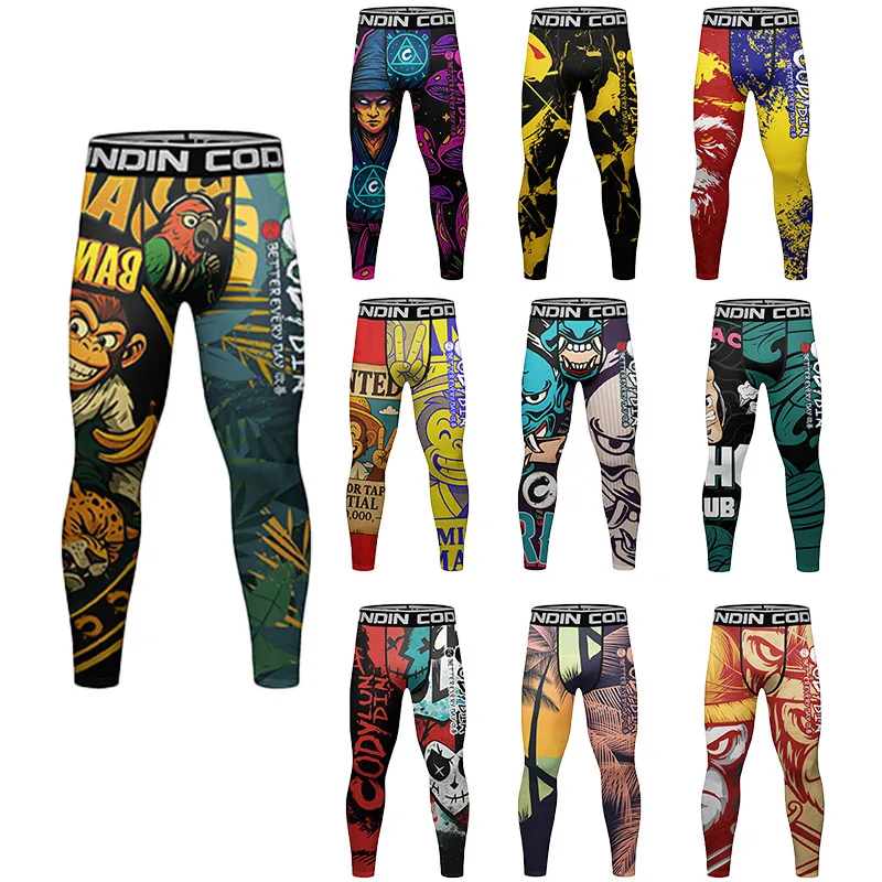 Men's Running Leggings Full Sublimaion Gym Workout Training Jogging Trousers Kickboxing wear MMA Compression Pants Tight Spats