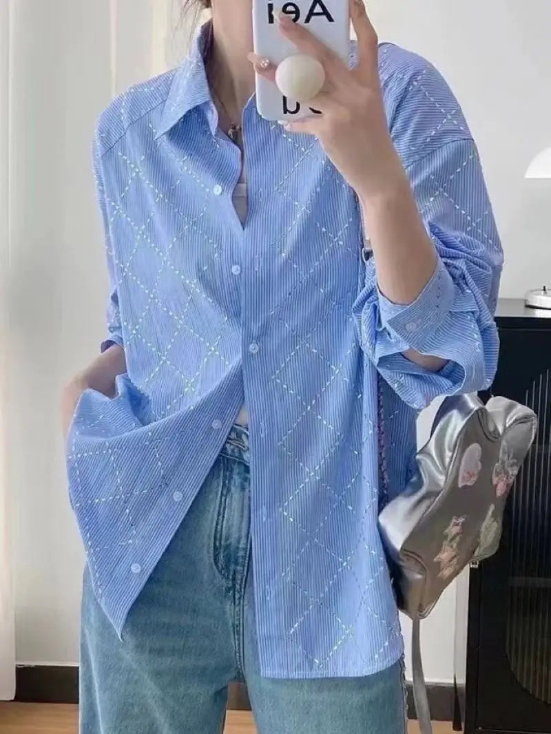 Women Argyle Diamond Blue Shirt Single Breasted Turn-down Collar Long Sleeve Casual Spring 2024 Blouse