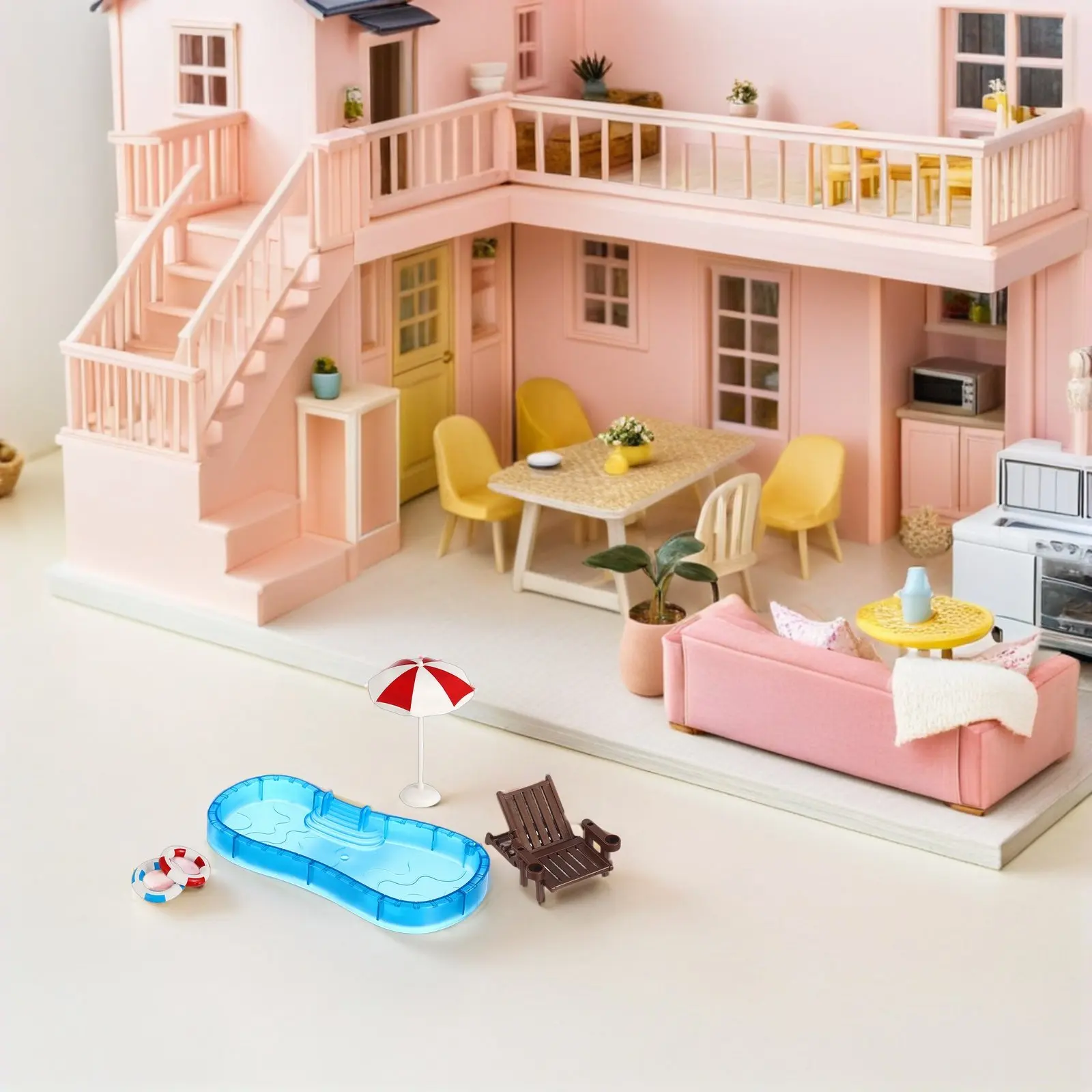 

2Sets Realistic Mini Beach Accessories Swimming Pool Ring Chair for Dollhouse Living Room Garden Decor Miniature Furniture Set