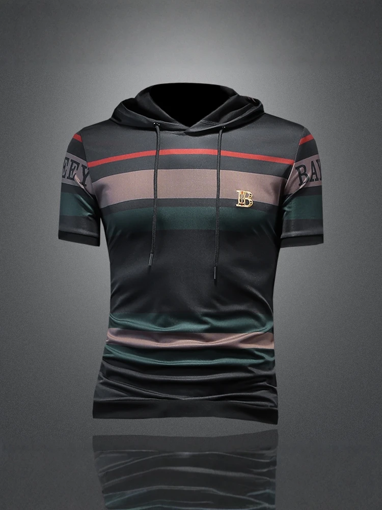 

Men's Summer New Sle Slim Fit ort Sve T-irt Hooded Breathable f Sve Trendy Cotton Polyester Spandex Top