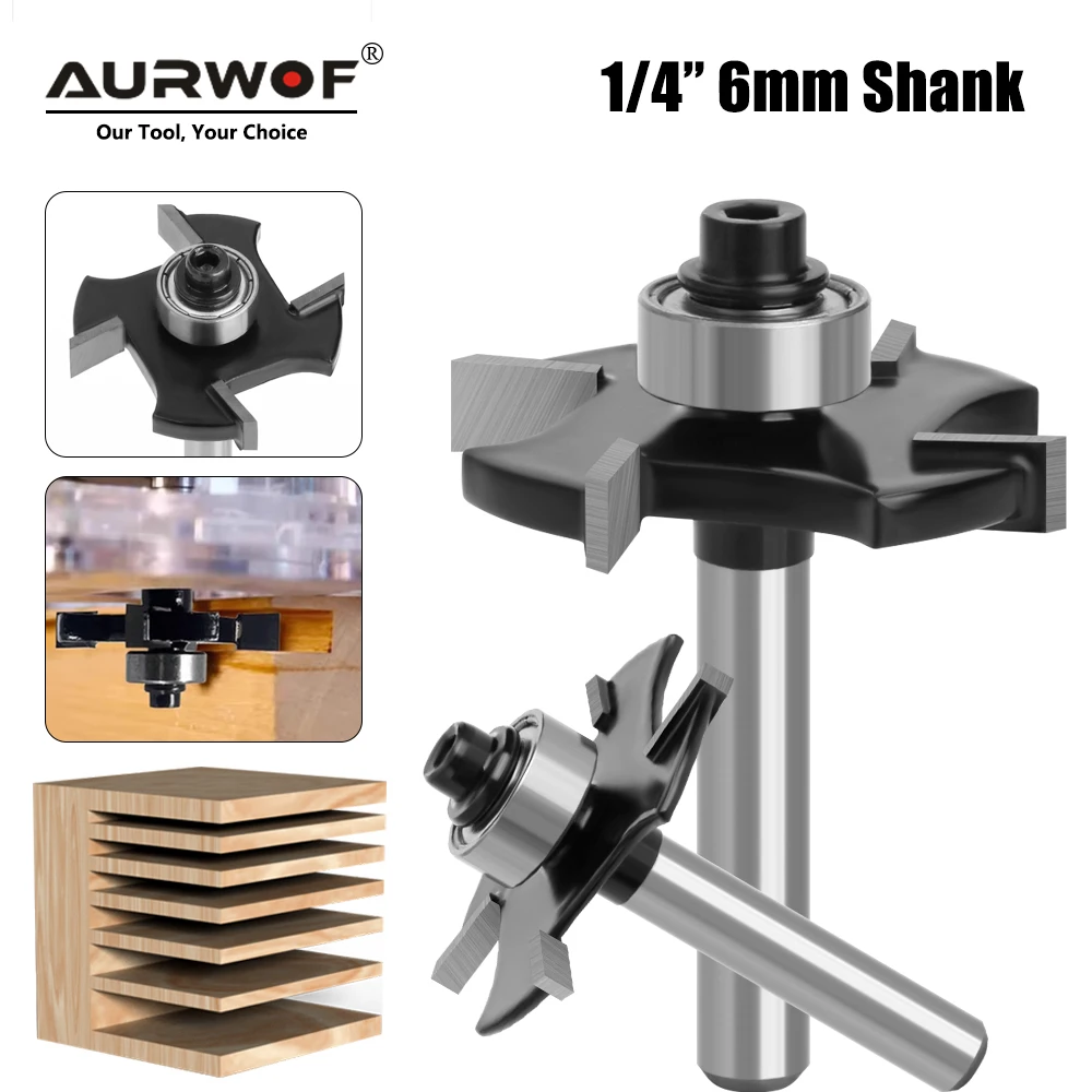 AURWOF  1/4 6mm 6.35mm Shank Four Blades T-Sloting Slot Cutter Jointing Slotting Router Bit Height Milling Cutter Woodworking