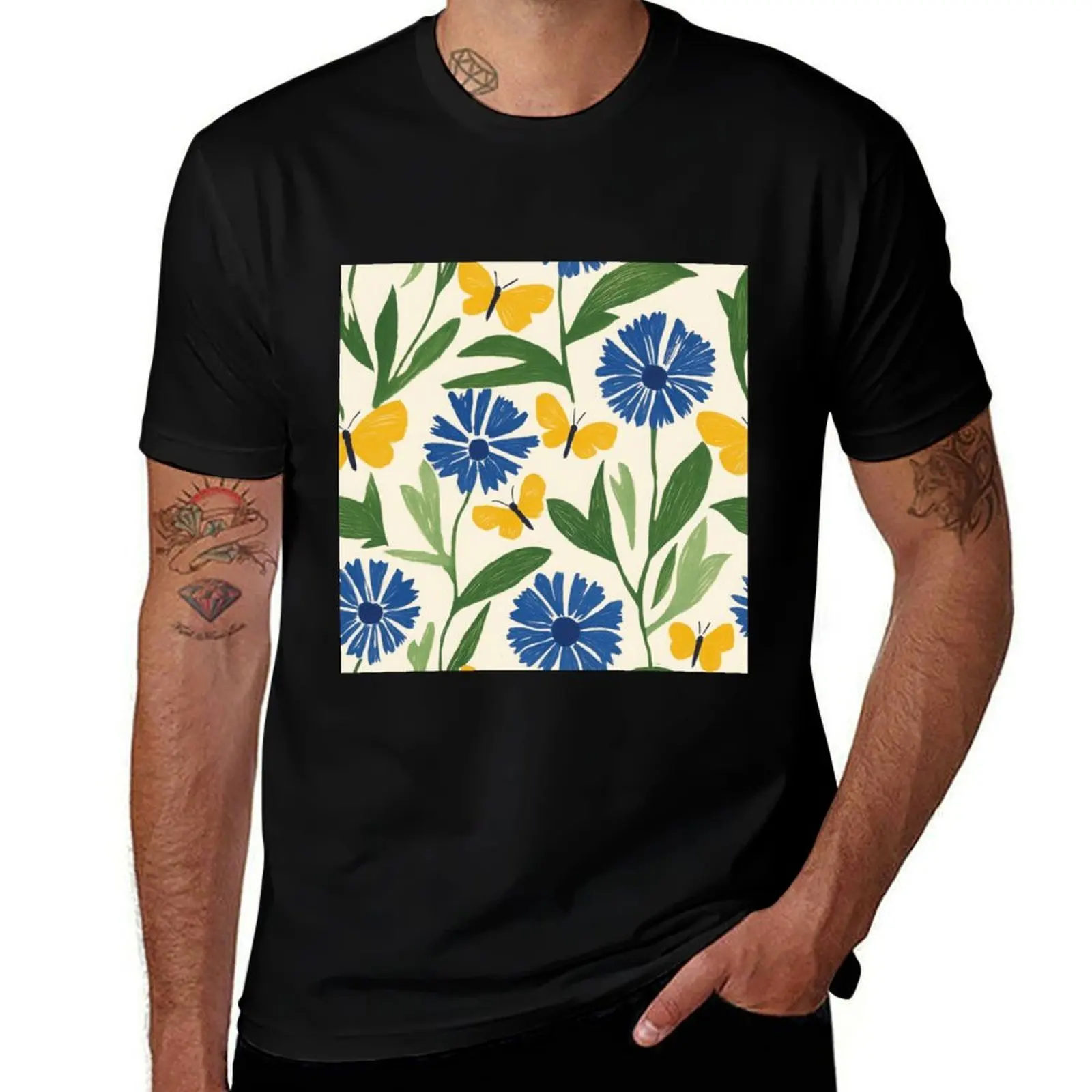 

Blue Cornflowers, Yellow Butterflies, and Green Leaves (Seamless Pattern) T-Shirt funny shirt cotton Men's t shirts