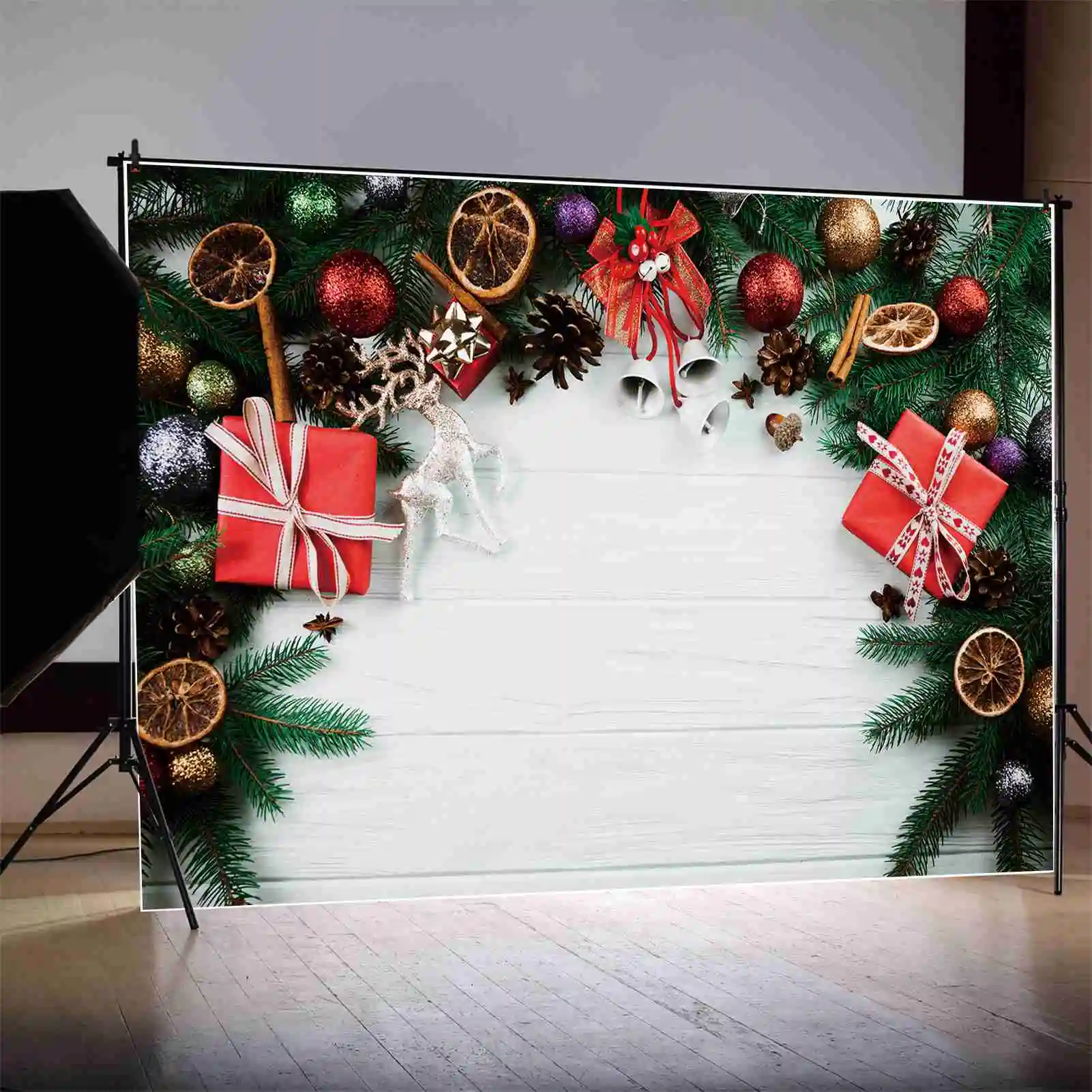 MOON.QG Photography Backdrop Christmas Party Reindeer Gifts Bell Wood Plank Backgrounds Ball White Wooden Board Wall Photo Booth