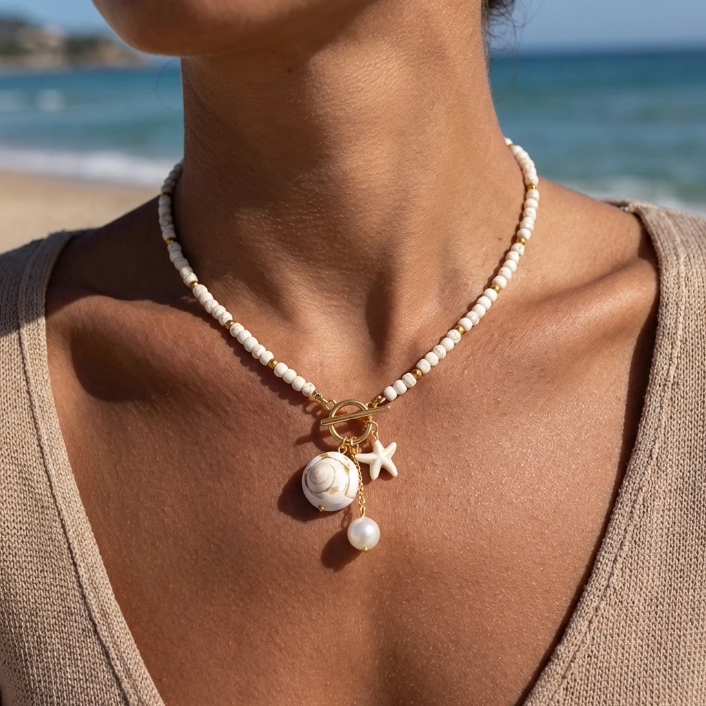 Böhmische Bunte Perlen-Seestern OT-Verschluss Anhänger-Halskette für Frauen Imitationsperlen Muschel-Halskette Sommer-Party-Schmuck – Detail 3