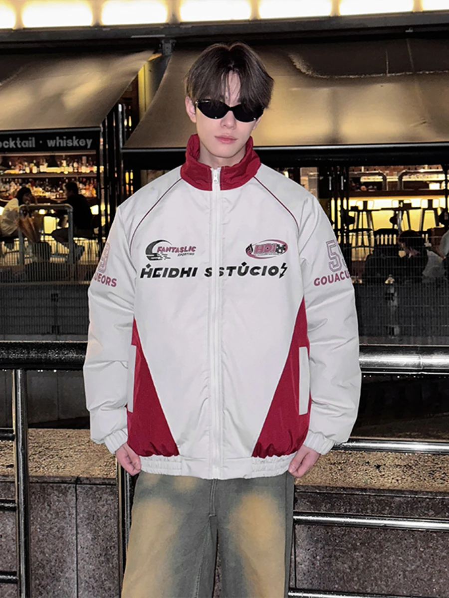 

Утепленная мужская зимняя куртка-бомбер в американском хип-хоп стиле с воротником-стойкой, на хлопковой подкладке, для мотоциклистов