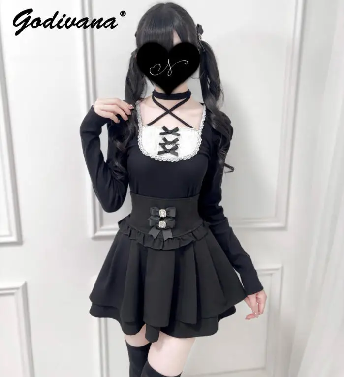 Nieuwe Lente en Herfst Subcultuur Cross Halter Gebreide Top Meisje vrouwen Zoete Boog Lolita Lange Mouw Trui T-Shirt tops