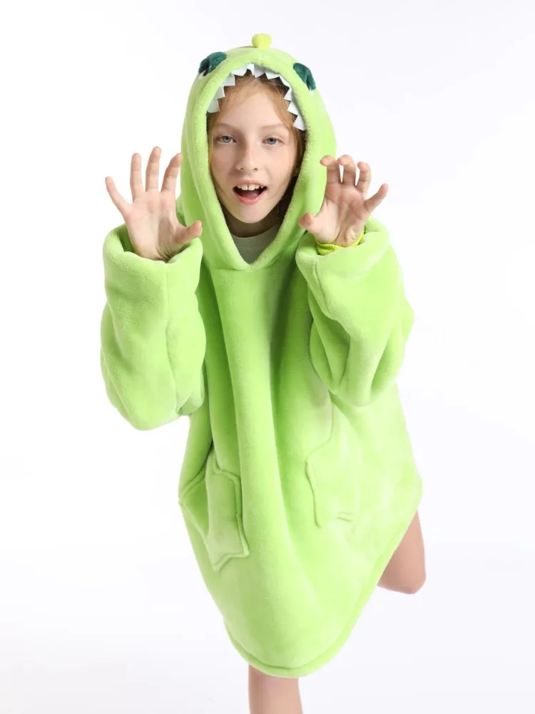 Boys and Girls Green Dinosaur Animal Kigurumi Oversized Hoodie Winter Warm Thick Fleece Sweatshirts Pullover Sherpa TV Blankets