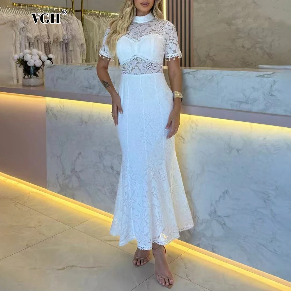 VGH Abito aderente con ricamo impiombato sexy per donna Colletto alla coreana Manica corta Vita alta Patchwork Nappa Abiti trasparenti Donna