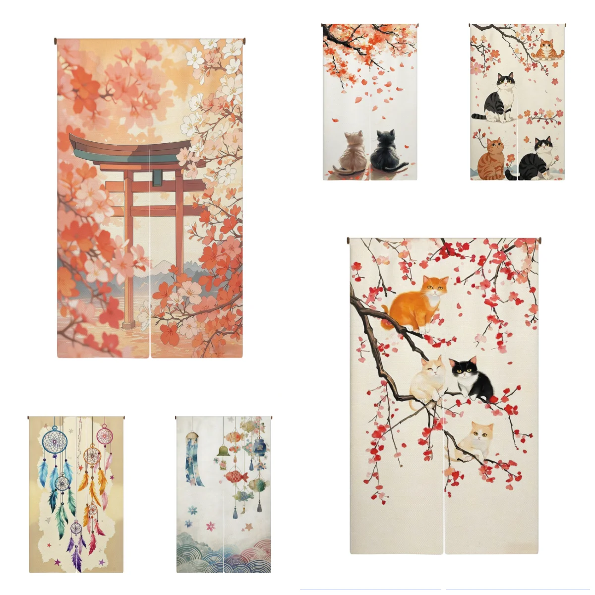 Japanese Cherry Blossom Linen Door Curtain Dreamcatcher Cute Cat Polyester Partition Screen for Home Living Room Bedroom Curtain