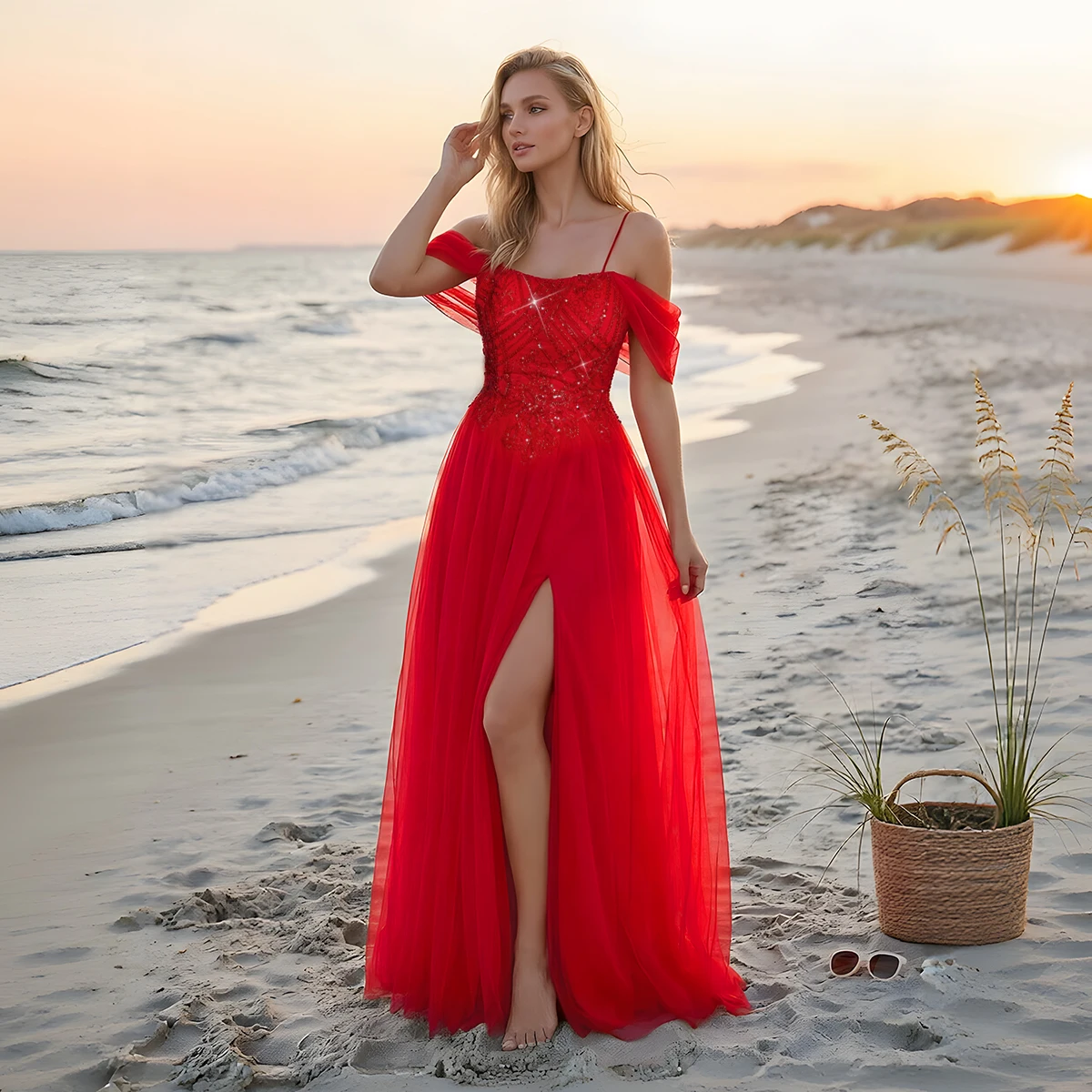 

VIPGIRL Красное вечернее платье с открытыми плечами, расшитое бисером, из тюля, с высоким разрезом и шнуровкой, для выпускного вечера
