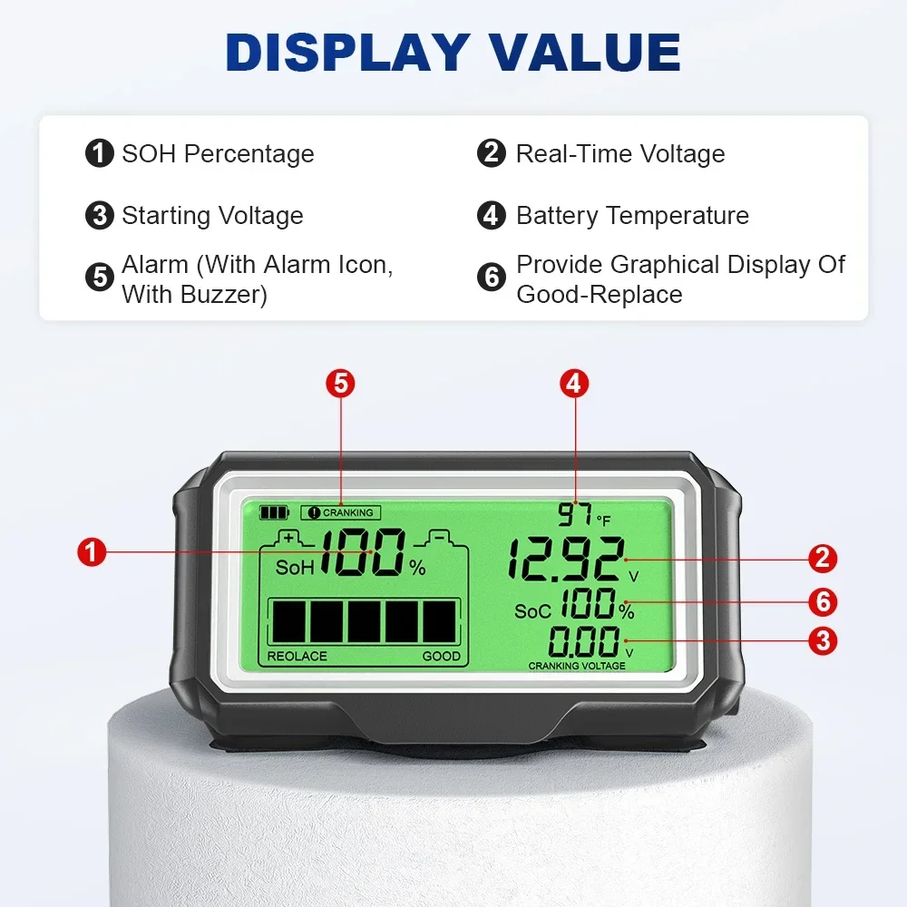 2026 QUICKLYNKS BM5-D Car Battery Tester 12V Battery Monitor Head-Up Display SOH SOC Charging Battery Analyzer Diagnostic Tool