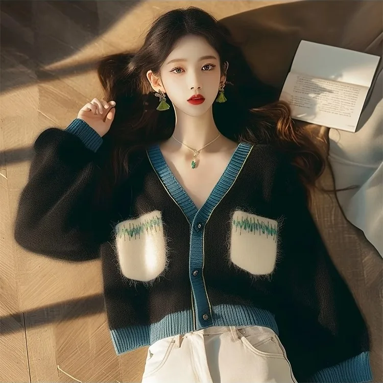 

Bla V-Ne Knitted Open Cardigan Loose Fit Slimming Lazy Sle Autumn 2025 Women's Faion Outerwear ort Coat