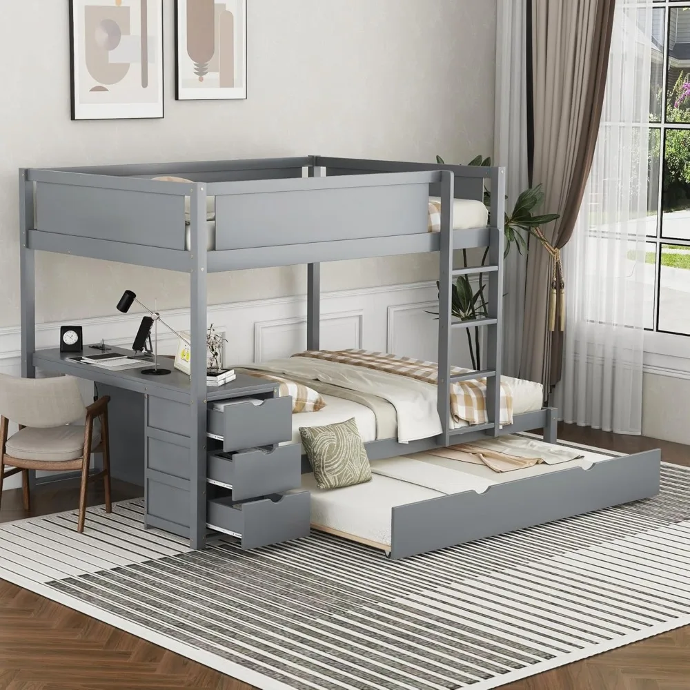 Harper & Bright Designs Litera completa sobre tamaño doble, litera completa de madera con puertos USB, almacenamiento y escritorio, gris