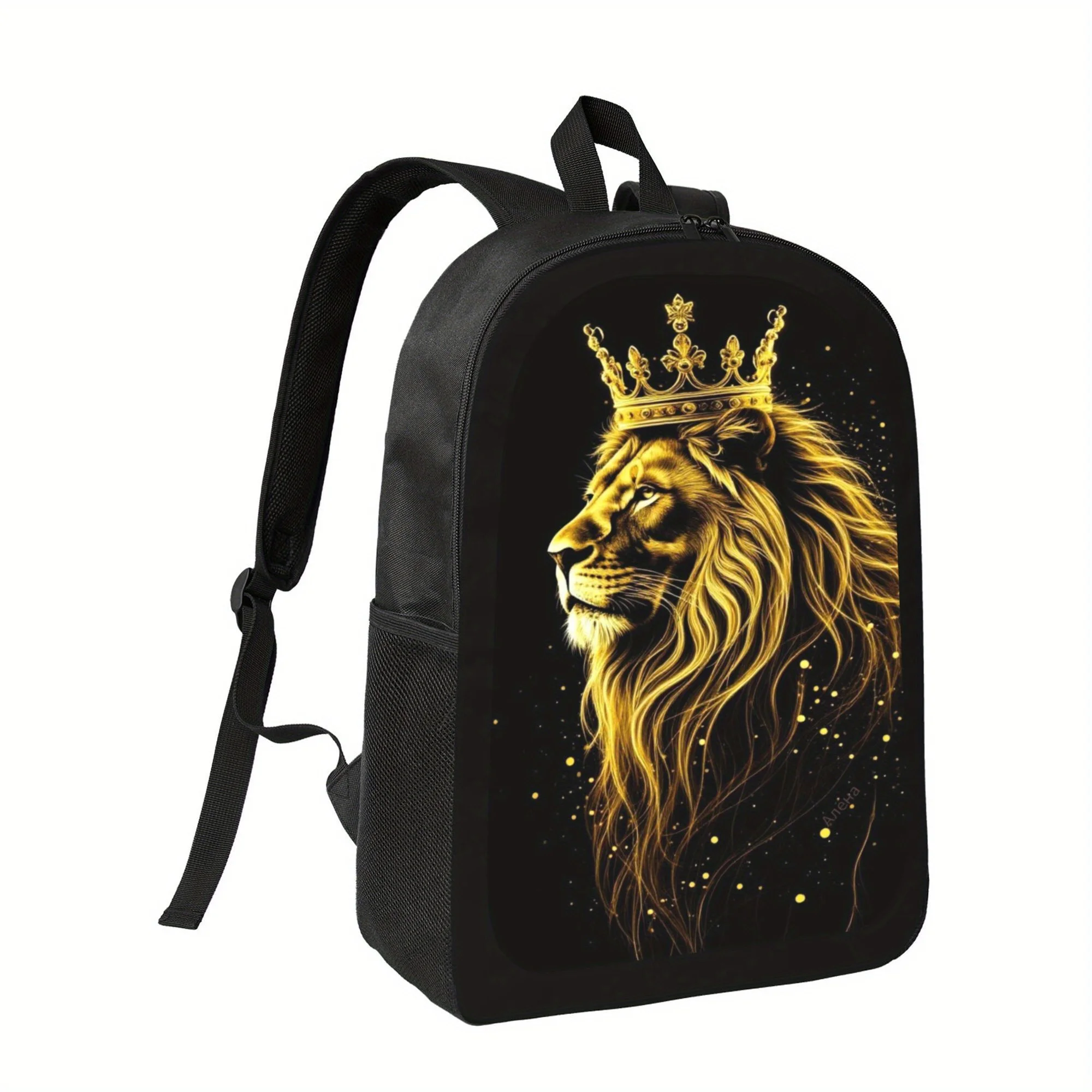 

Leo2 School Backpack - Lightweight Large Capacity Laptop Bag, Lion Crown Pattern, Adjustable Strap, Zip Closure, Black