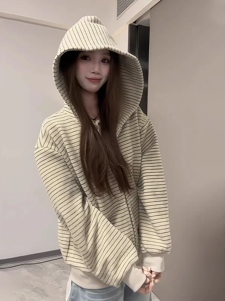 

Мужской свободный кардиган-свитшот в полоску цвета хаки, осенний, модный, в корейском стиле, для создания расслабленного образа