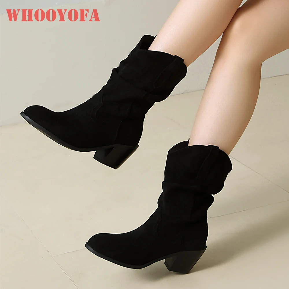

2025 New Winter Mature Black Pink Women Mid Calf Casual Boots Fashion 6cm High Block Heels Lady Shoes Plus Big Size 43 45