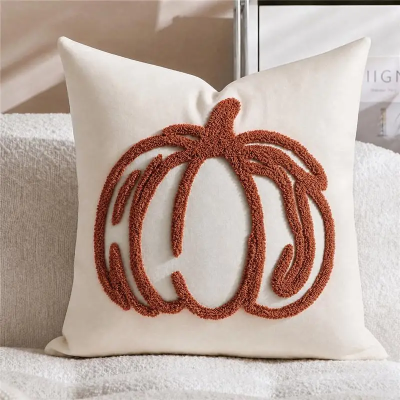 Herbst-Handtuchkissenbezug mit Kürbis-Stickerei, Dekorative Sofakissenhülle für Thanksgiving, Halloween Quadratischer Kissenbezug – Detail 10