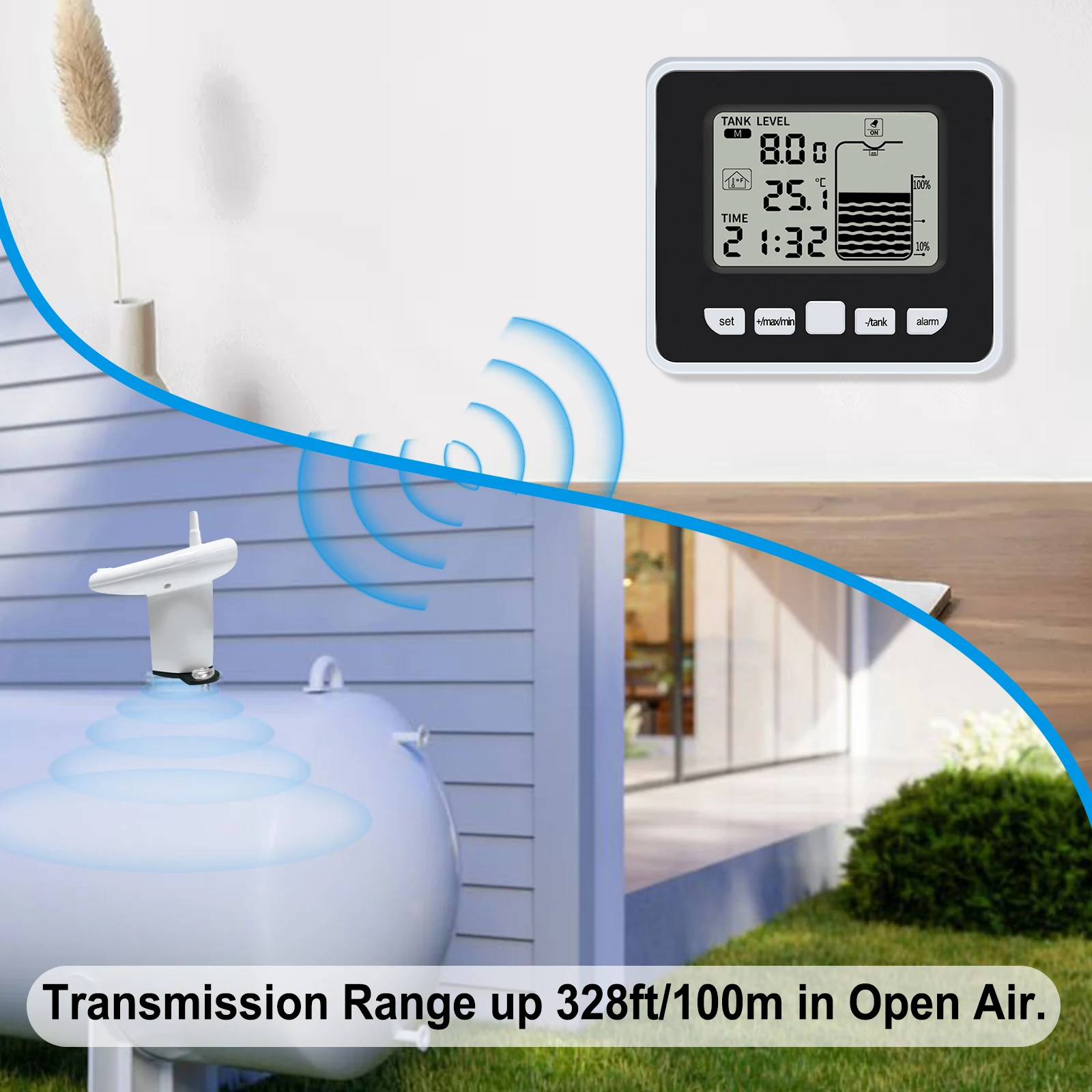 Ultrasonic Wireless Water Tank Liquid Level Meter with Temp Sensor  Real-Time LCD Display Hi/Low Alarm Min/Max Record  for Home