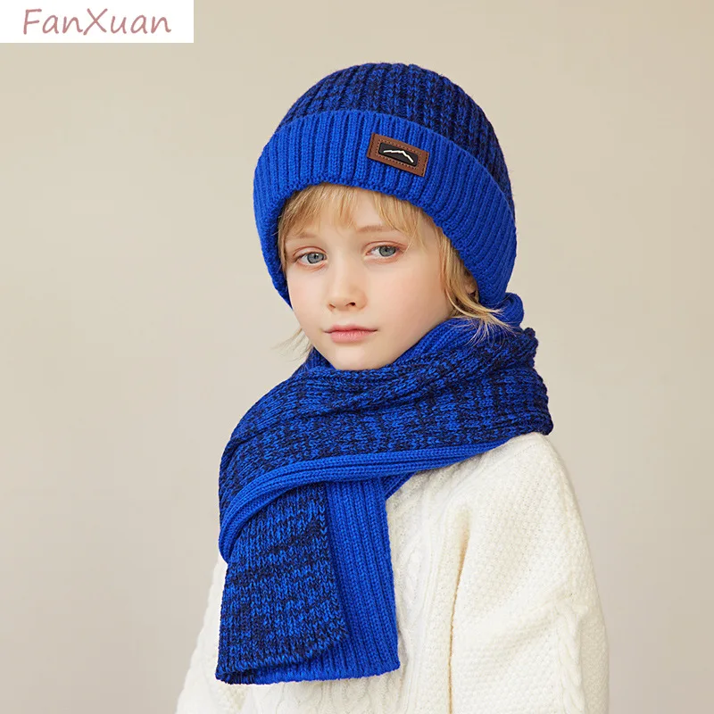 2pcs 3pcs set boy winter hats long scarf gloves striped knit beanies fleece-lined thickened double layers 4-10Y winter caps boy