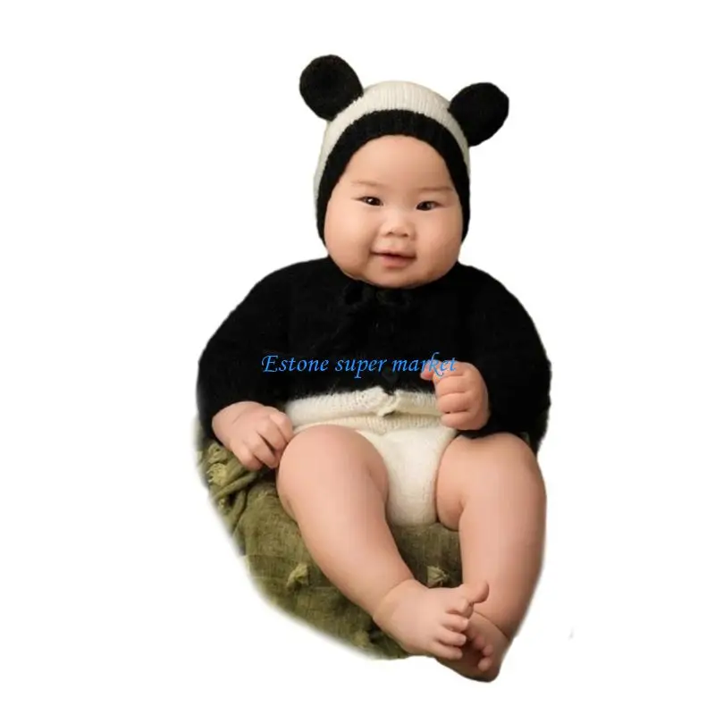 090B Knit Baby Romper Cartoon Panda Hat Photography Posing Outfit Newborn Shower Gift